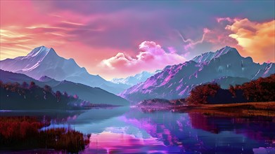 AI generated painting of a surreal landscape with mountains and a lake with digital brush strokes