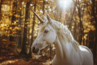 Beautiful white unicorn in autumn forest. KI generiert, generiert, AI generated