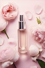 Face serum with pink peony flowers. AI generated