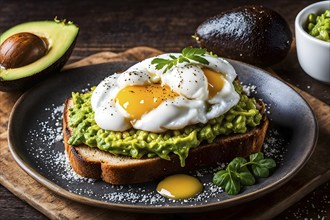 Moody breakfast toast with eggs and avocados, AI generated, AI generated