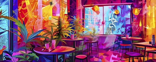 Abstract composition of a cannabis cafe with ambiance bold contrasting colors and playful shapes,