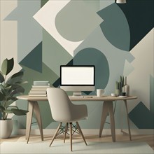 Minimalist illustration of an abstract symbolic wallpaper composition representing home office, AI