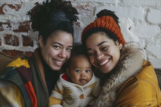 Family portrait of african american female homosexual couple with young child. Generative Ai, AI