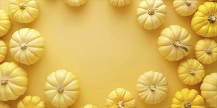 Banner with small yellow pumpkins on yellow background with copy space. Generative Ai, AI generated