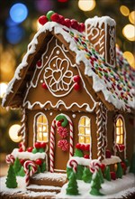 Gingerbread house decorations, focusing on the intricate icing details, colorful candy, and soft,