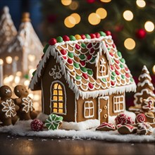 Gingerbread house decorations, focusing on the intricate icing details, colorful candy, and soft,