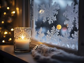 Snow-covered window with frost patterns, candlelight softly glowing through the glass, and warm,