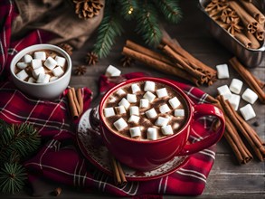 A close-up of a steaming cup of hot cocoa topped with marshmallows, surrounded by cinnamon sticks,