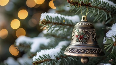 Vintage Christmas bell ornament hanging on a snow-dusted evergreen branch, capturing the intricate