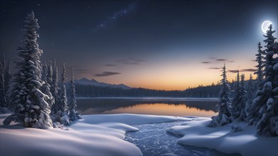 Tranquil winter night scene with a crescent moon and stars shining brightly over a frozen lake,