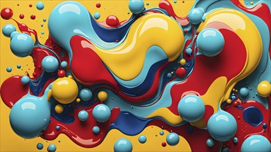 Abstract image with vibrant blue and red blobs and liquid shapes on a yellow background, AI