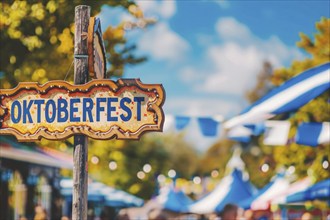 Sign with text 'Oktoberfest' at entry of traditional Bavarian German festival. Generative AI, AI