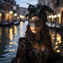 Young woman at venetian masquerade with ornate mask, AI generated