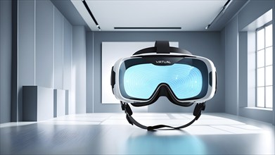 Three dimensional render of virtual reality glasses in a digital room, AI generated