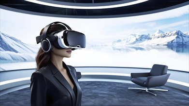 Three dimensional render of a woman wearing virtual reality glasses, AI generated