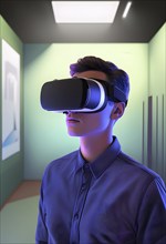 Three dimensional render of a man wearing virtual reality glasses, AI generated