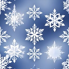 Abstract pattern of snowflakes in varying sizes and shapes in soft white and blue gradients, AI