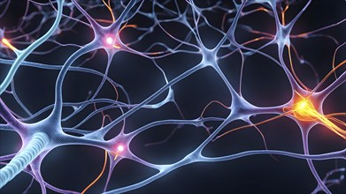 Visualization of neurons firing neurotransmitters in the synaptic gap, AI generated