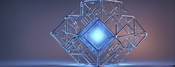 Three dimensional render of a blue glowing blockchain cube, AI generated