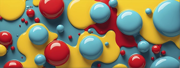 Abstract image with vibrant blue and red blobs and liquid shapes on a yellow background, AI