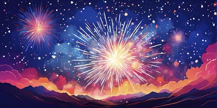 Wallpaper illustration of an explosion of vibrant fireworks colors in a night sky, symbol for happy