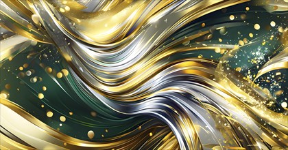 Abstract Illustration of energetic and dynamic swirl of gold, silver, and deep green hues,