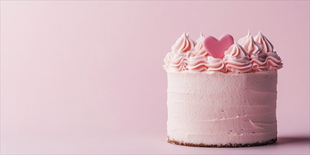 Cream cake with hearts on pastel pink background with copy spacee. Generative Ai, AI generated