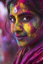 Indian woman colored face portrait during Holi Hindu festival, AI generated