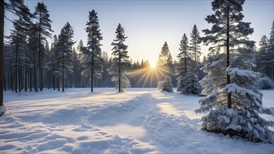 Peaceful snowy forest clearing at dawn with snow softly blanketing the ground and frost-covered