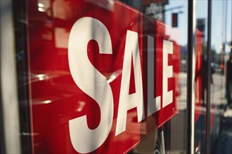 Red advertisement sign with text 'Sale' in shopping window. Generative AI, AI generated