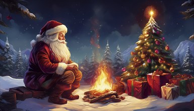 Illustration Father Christmas sitting by the campfire next to presents and Christmas tree in winter