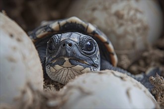 Newly hatched young sea turtle with eggs. Generative Ai, AI generated