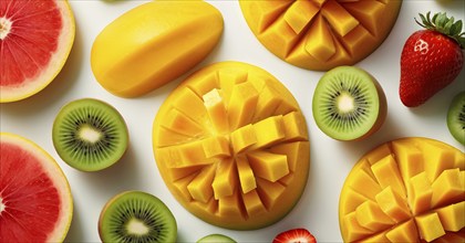 Colorful and artfully arranged slices of fruits like mangoes, strawberries, and kiwi, AI generated