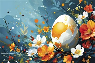 An energetic, abstract explosion of spring colors with egg and flower motifs subtly integrated,