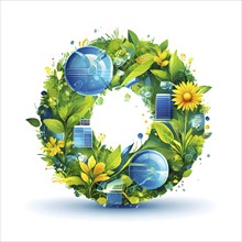 Recycling symbol morphing into growing plants and solar cells to symbolize the transformation of