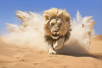 Male Lion running in the desert, Africa, AI generated