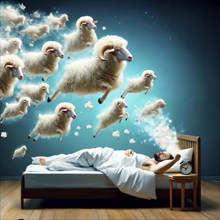 Counting sheep, a man in bed counts sheep in his head to fall asleep better, AI generated, AI