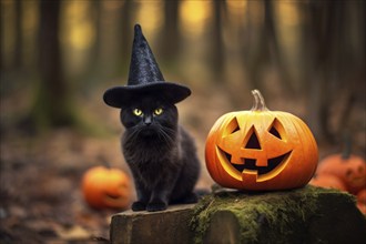 Black cat with witch hat and Halloween pumpkins. KI generiert, generiert AI generated