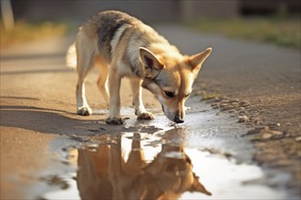 Dog drinking out of puddle on street. KI generiert, generiert AI generated