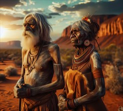 An old man and an old woman of the Aborigine, the indigenous Australian natives, in the desert in