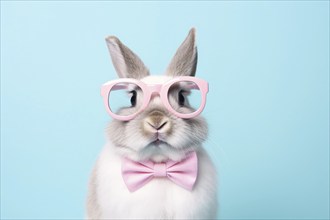 Funny bunny with pink glasses and bow tie on blue background. KI generiert, generiert AI generated