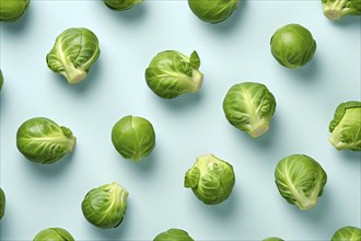 Top view of brussel sprouts on blue background. KI generiert, generiert AI generated