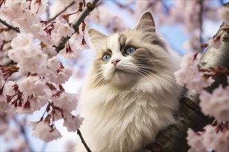 Ragdoll cat sitting in tree with pink spring flowers. KI generiert, generiert AI generated