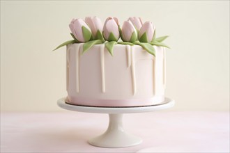 Elegant cake with tulip decoration on cake stand. KI generiert, generiert AI generated