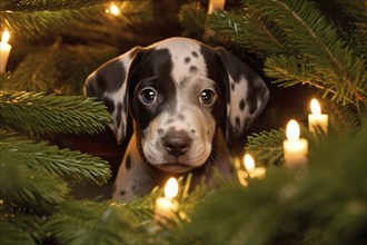 Cute dog puppy hiding in Christmas tree with candles. KI generiert, generiert, AI generated