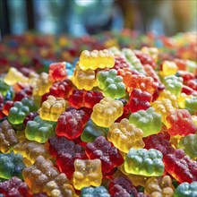 A multitude of gummy bears in different colours crowded together, gummy bears, AI generated, AI