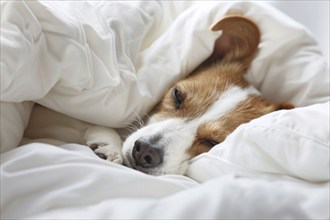 Cute dog seeping in human bed, KI generiert, generiert, AI generated