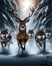 A pack of wolves chases a deer in the snow, AI generated, AI generated