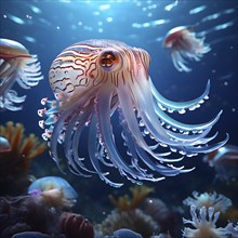 Hypnotizing cuttlefish amidst an undulating sea, AI generated