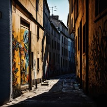 Narrow city alley walls adorned with graffiti narratives of resistance and decay, AI generated